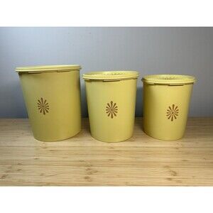 Vtg TUPPERWARE Harvest Gold Sunburst Servalier Canister Nesting 3 MCM Retro 70s